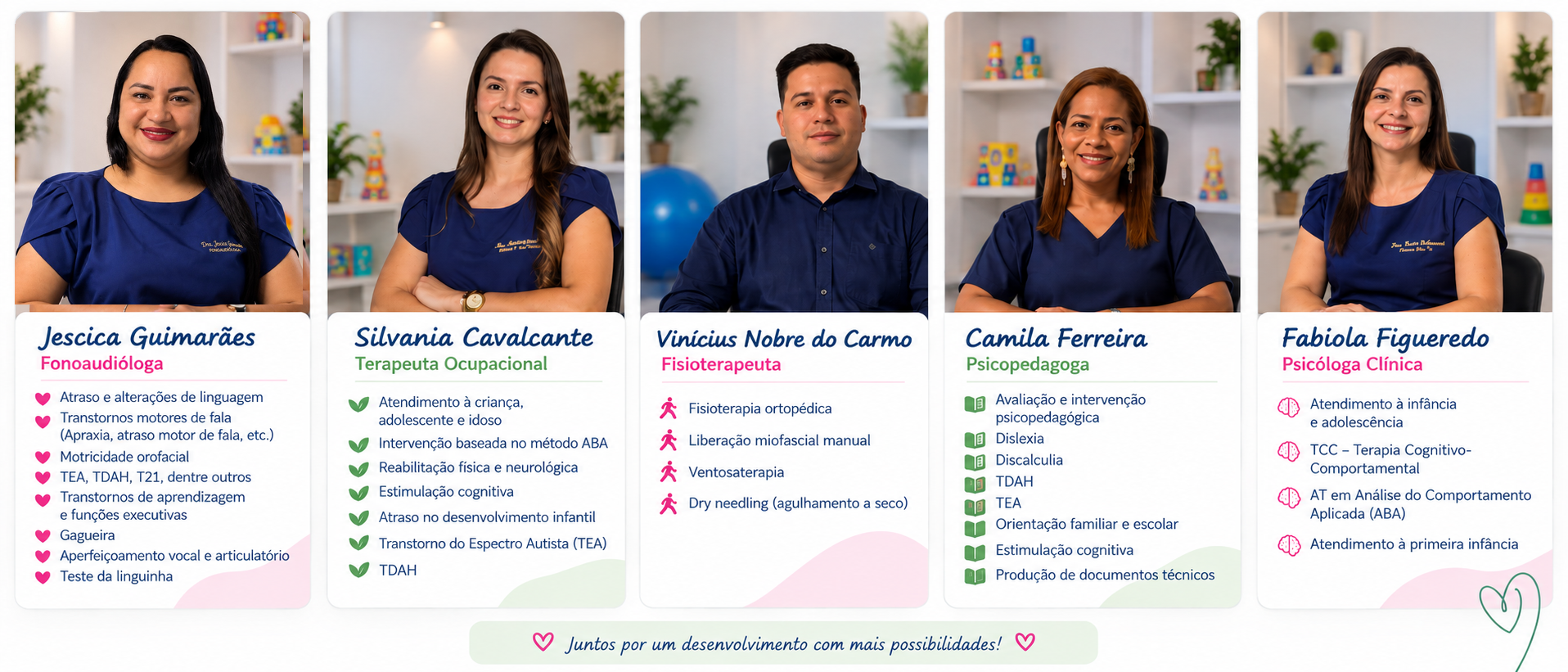 Equipe do Espaço Jescica Guimarães: Fonoaudiologia, Terapia Ocupacional, Fisioterapia, Psicopedagogia e Psicologia Clínica